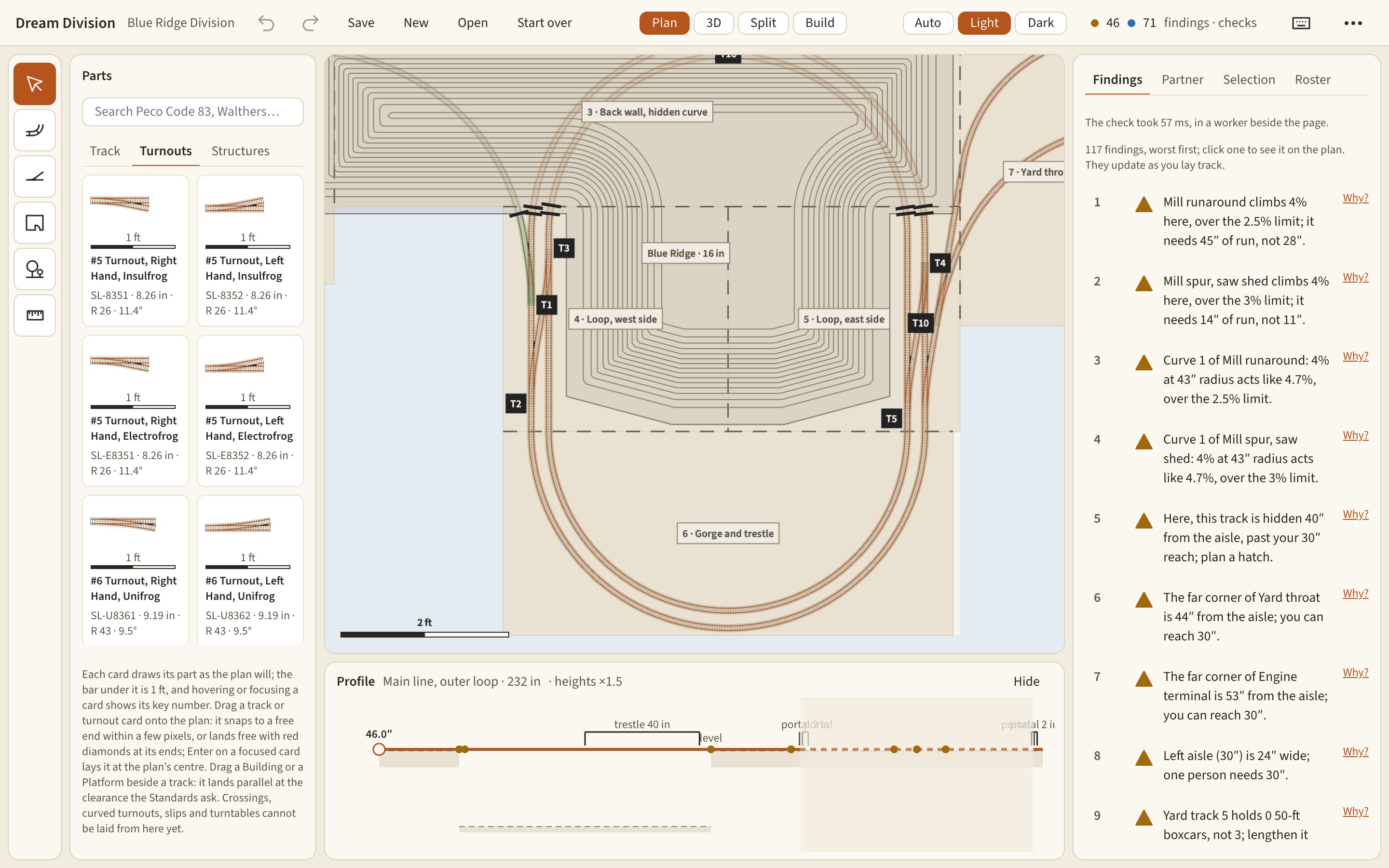 The editor in plan view: the Blue Ridge mountain drawn in contour lines across the back wall and into the loop, both main-line loops entering it through tunnel portals, the parts library on the left and the track profile below