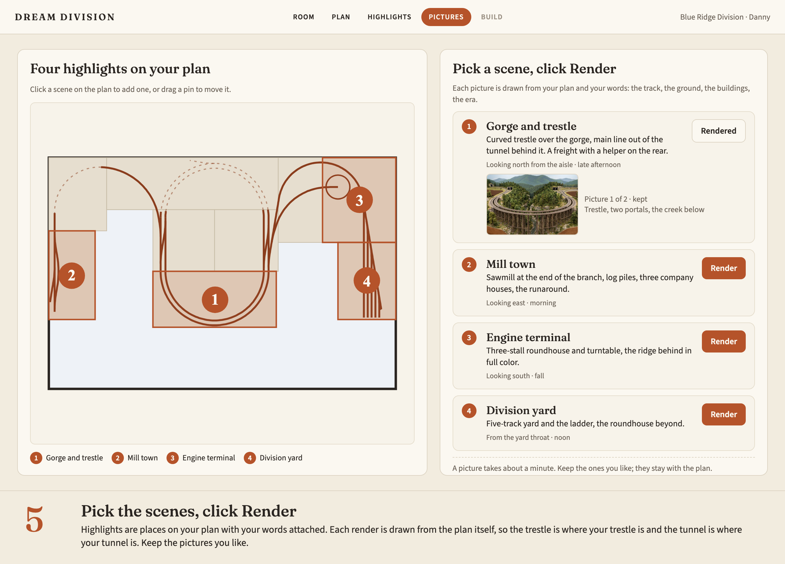 A design preview of the highlights screen: four pinned scenes on the plan and a list on the right with a Render button for each, the first one already rendered with a thumbnail