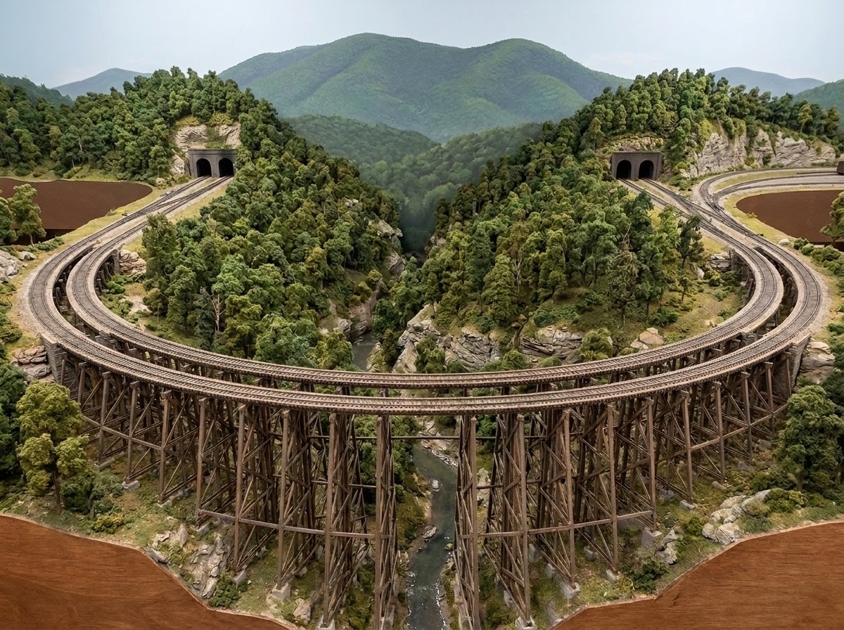 A curved wooden trestle carrying a single track across a forested gorge, with tunnel portals on both sides and the Blue Ridge behind