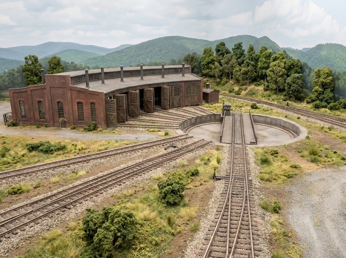 A brick roundhouse behind a turntable, its stall tracks running from the pit into the doorways, the lead track coming straight toward the viewer, yard tracks at the left