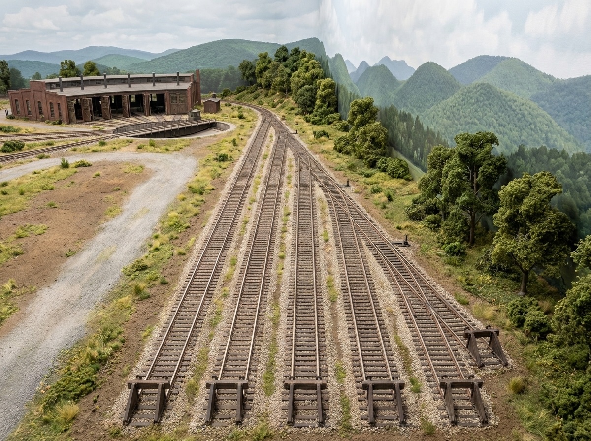 Five yard tracks ending at bumpers in the foreground, the ladder beyond and the roundhouse and turntable at the upper left